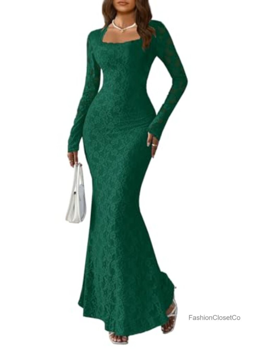 Mitilly Long Sleeve Bodycon Maxi Dress Square Neck Formal Evening Gown